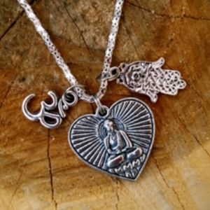 Buddha Heart Om Hamsa Hand Silver Necklace